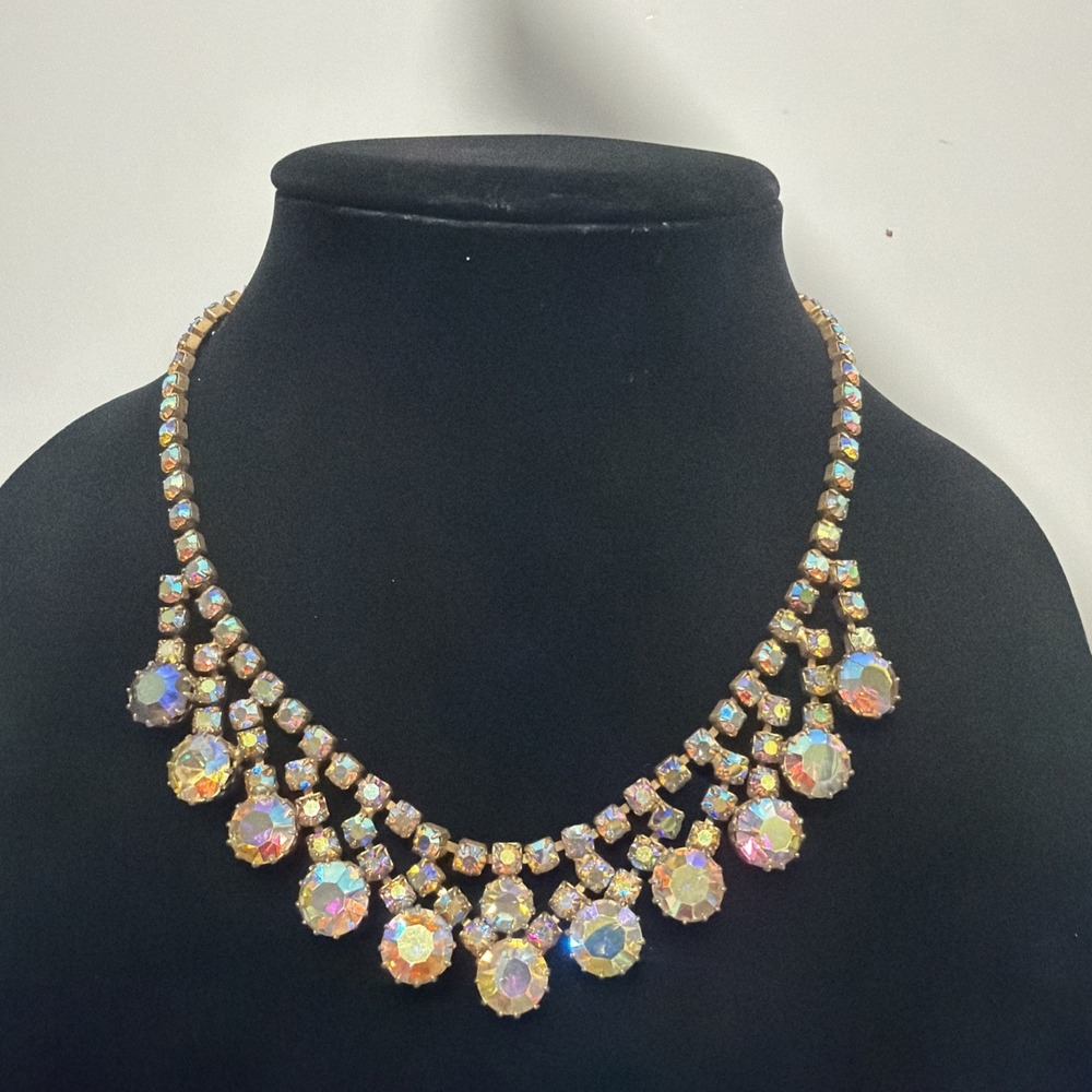 Vtg 1960s DeLizza and Elster Style Aurora Borealis Bib Necklace Gold Tone 16in